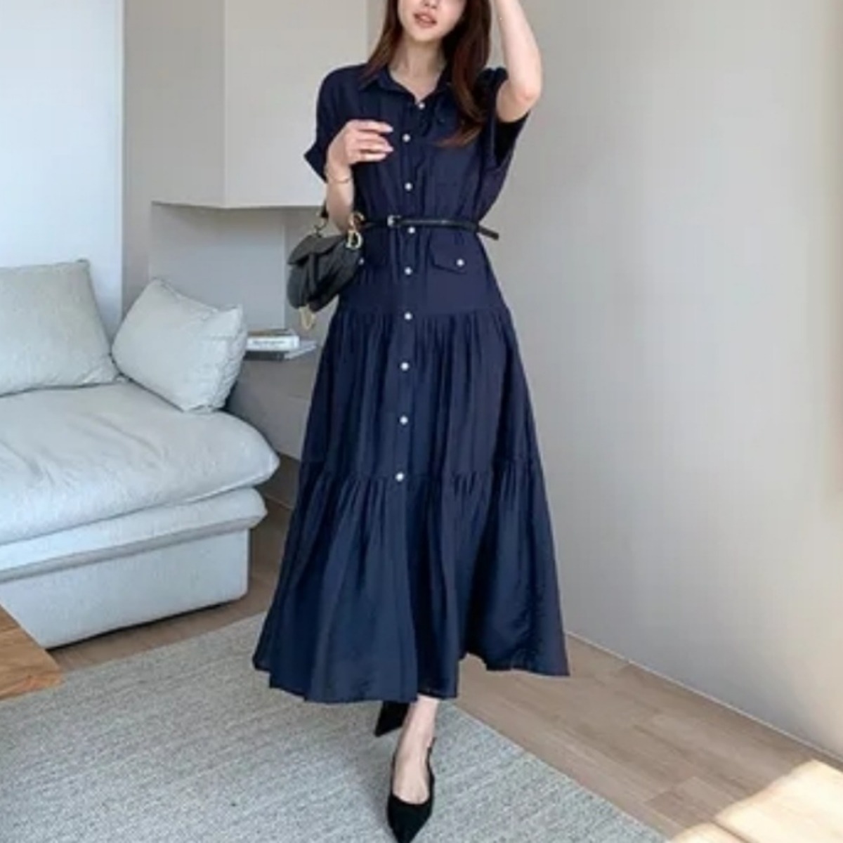 骨格ウェーブ 華奢見えフィット＆フレア ロングシャツワンピース